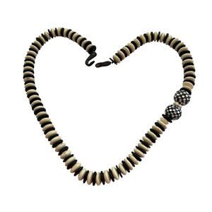 VTG African Tribal Inspired Necklace, Boho Beaded Wood Jewelry, Checkered Style